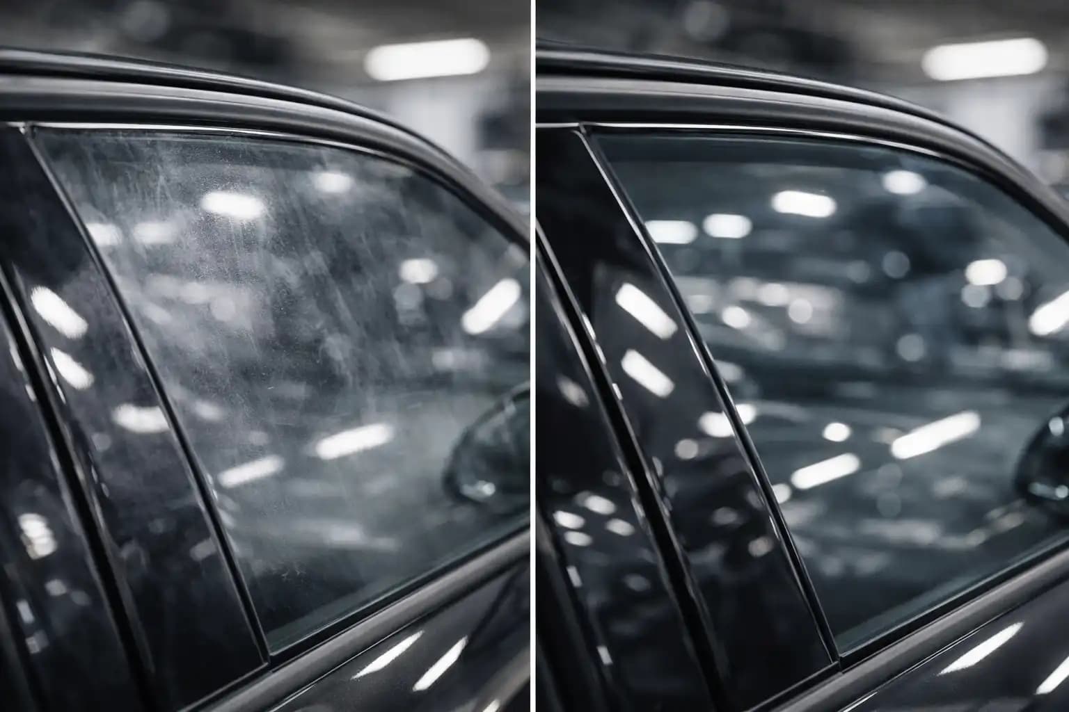 Before and after comparison of a car side window showing haze and streaks on the left and crystal clear glass on the right