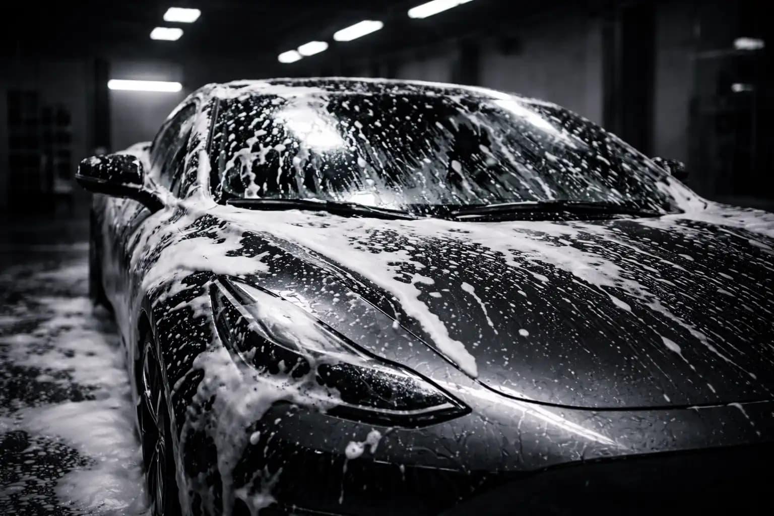 Close-up, cinematic 16:9 photo of a dark vehicle’s hood and windshield covered in thick white foam from a foam cannon inside a modern detailing garage, with dramatic overhead lighting, glossy paint reflections, and a softly blurred background.